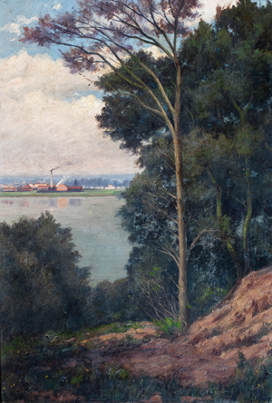 Landscape with river and factory, 1931 (oil on canvas)