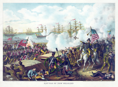 Battle of New Orleans, pub. Kurz & Allison, c.1890 (colour litho)