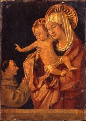 The Madonna and Child with a Franciscan monk in adoration (tempera on gold ground panel)