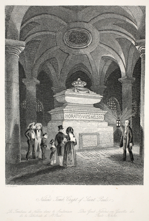 Nelson's Tomb in the Crypt of St Paul's, from 'London Interiors with their Costumes and Ceremonies' pub. Joseph Mead, London, c.1843 (steel engraving)