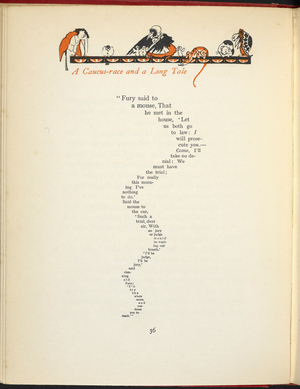 Stylized text layout from 'A Caucus Race and a Long Tail', with illustrations of various animals.