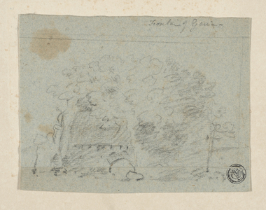 Sketch of Trees Near Bridge (charcoal & graphite on blue laid paper, tipped onto cream wove paper)