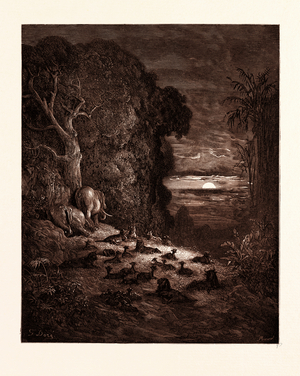 The Seventh Evening in Eden, by Gustave Dore, 1832 - 1883, French. Engraving for Paradise Lost by Milton. Wood Engraving. 1870, Romanticism, Art, Artist, Romanticism, Colour, Color Engraving