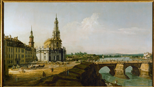 Dresden, Germany, seen from the left bank of the Elbe River above the Altstaedter Brueckenkopf (oil on canvas)