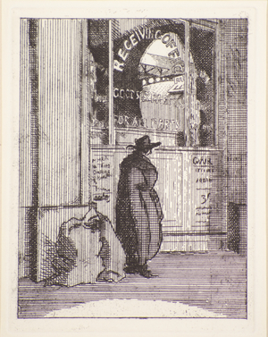 Parcels office, 20th century (etching)