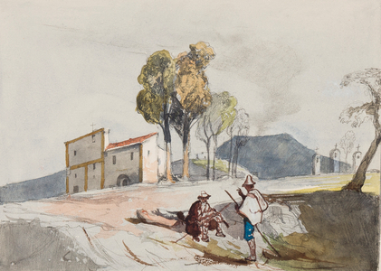 Shepherds with Vesuvius in the distance, with additions by a Borbone pupil (pencil, watercolour & gouache on paper)