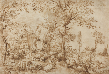 Peasants and Cattle near a Farmhouse, c.1553-54 (pen and brown ink on paper)