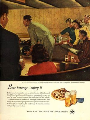 ten pin bowling beer alcohol, 1940s (print)