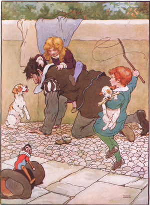 The children home he takes, 1930s (colour litho)