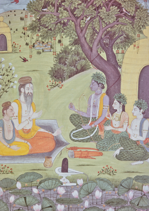 Rama and Sita in the forest receiving sages, India (miniature)