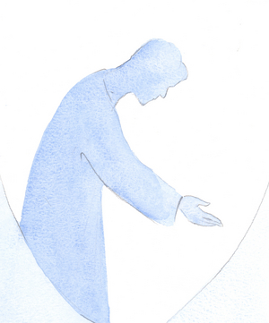 I saw Jesus reaching out to others, teaching me to imitate His greeting of others, His helping, teaching and consoling, in "truth and love"., 2001 (w/c on paper)
