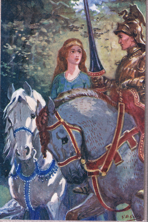 The Rhyme of the Joyous Guard: With her through the Lyonesse I rode, from Poems of Adam Lindsay Gordon published by T. N. Foulis, 1912 (colour litho)