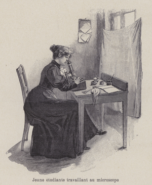 Young woman student working with a microscope (litho)