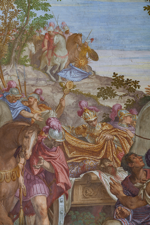 Alexander the Great covering the corpse of Darius with a mantle, Main Hall, 1561-65 (fresco)