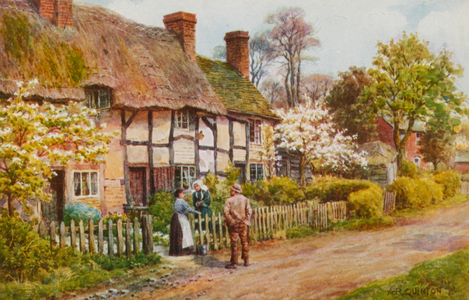 Cottages at Welford on Avon, Warwickshire (colour litho)