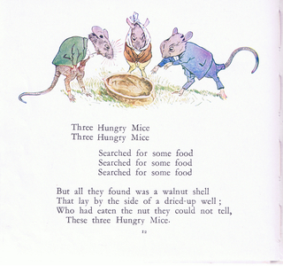Three hungry mice, three hungry mice, searched for some food (colour litho)