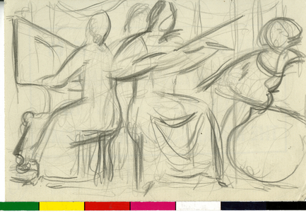 Female Figure Playing.. Musical Instruments - Sketch, c.1920-73 (pencil on paper)