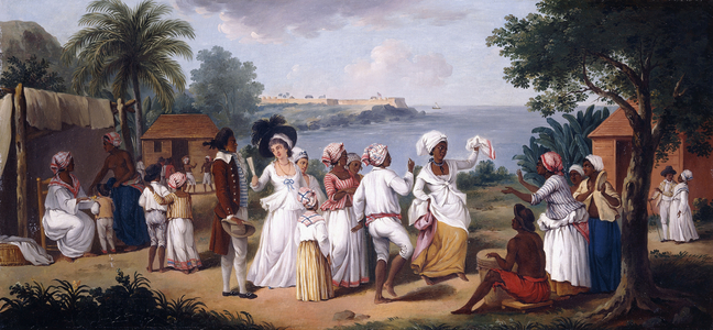 A Negro's Dance in the Island of Dominica, Fort Young beyond,  (oil on canvas)