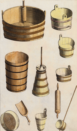Wooden tools and vessels (colour litho)