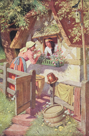 The wicked queen, disguised as an old woman, offers the poisoned apple to Snow White,  illustration from the Grimm fairy tale 'Snow White and the Seven Dwarves', c.1900 (colour litho)