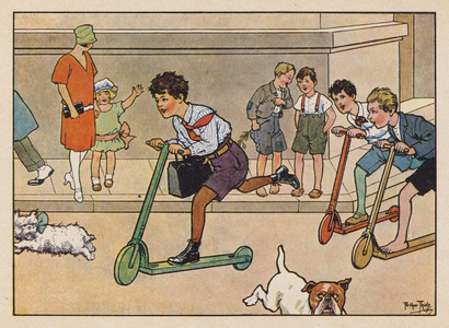 Boys racing scooters (colour litho)