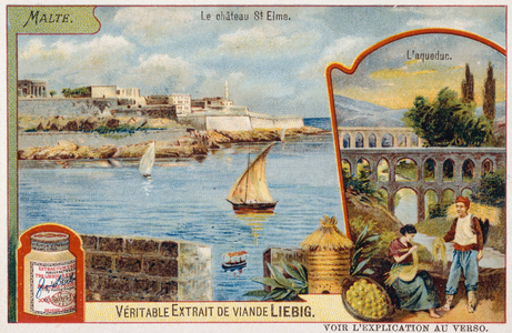 Leibig card depicting a harbour scene and aqueduct in Malta, 1900