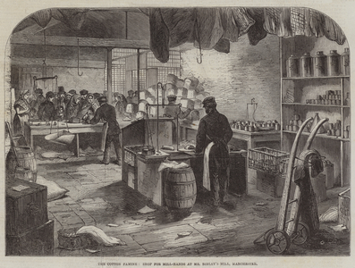 The Cotton Famine, Shop for Mill-Hands at Mr Birley's Mill, Manchester (engraving)