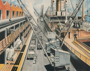 Unloading Cotton at a Manchester Docks (colour litho)