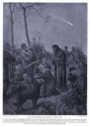 The appearance of Hayley's Comet, April 1066 , 1920's (litho)