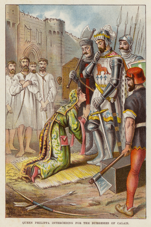 Queen Philippa pleading with King Edward III for him to spare the lives of the Burghers of Calais, 1347 (chromolitho)