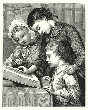 Reading the Bible on Sunday afternoon (colour litho)