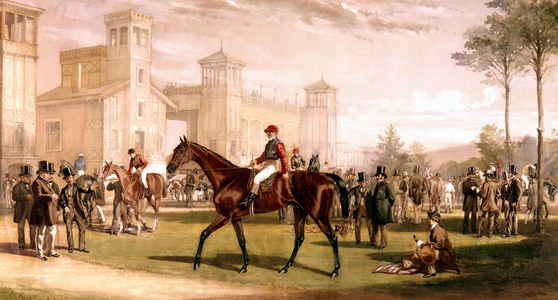 Jockey on his horse on paddock at Longchamps racecourse, 1857 (painting)