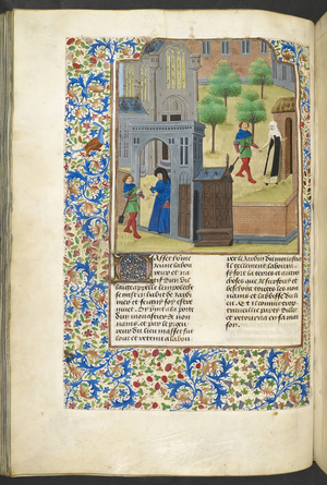 The gardener being welcomed at a door, illustration from 'The Decameron of Boccaccio' (vellum)