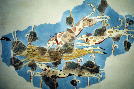 Fresco of hunting scene of dogs chasing deer (partially restored) from Tiryns (Tirins), Greece. Homeric period.