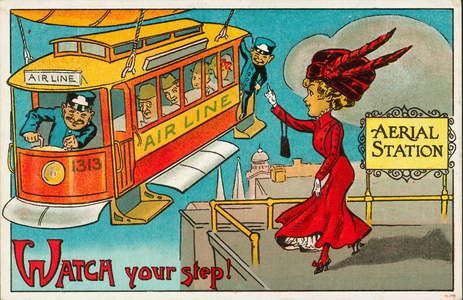 Aerial tram arriving at a stop (colour litho)