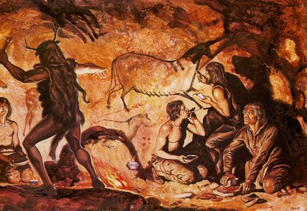 Artists of the Magdalenian period decorating a cave with paintings (colour litho)