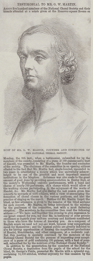 Bust of Mr G W Martin, Founder and Conductor of the National Choral Society (engraving)
