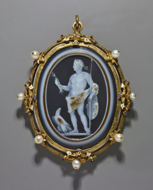 Cameo Portraying a Roman Emperor as Jupiter, Cameo: Roman, A.D. 41-54, Frame: Italian, late 16th century (cameo: sardonyx; frame: gold, enamel, & pearls)