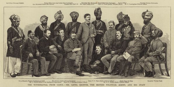 The Withdrawal from Cabul, Mr Lepel Griffin, the British Political Agent, and his Staff (engraving)