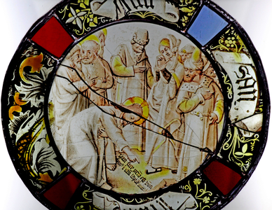 Window w79 depicting Christ and the Woman Taken in Adultery (stained glass)