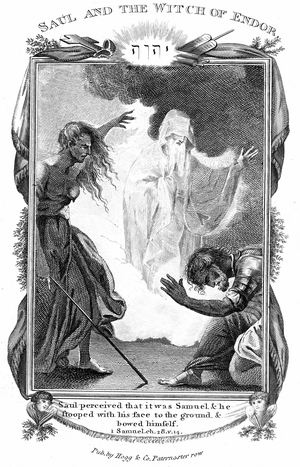 Saul and the Witch of Endor Bible I Samuel 28. Saul tries to communicate with the dead Samuel through the Witch of Endor. She brings Samuel out of the earth (Necromancy) when Saul has promised to take no action against her as a witch. Copperplate engraving c1808.