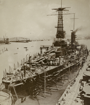 Putting the finishing touches to a new American battleship (b/w photo)