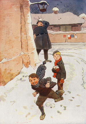 Policeman struck by a snowball (colour litho)
