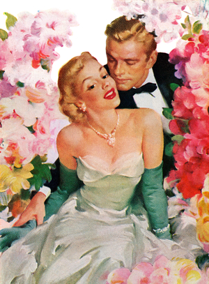 Amorous Man in a Tux Kissing the Cheek of a Woman in a Strapless Gown, 1953 (screenprint)