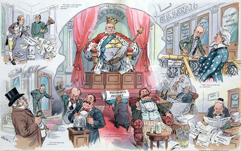 Nelson Aldrich as king of the "U.S. Senate" sitting on a throne, 1905