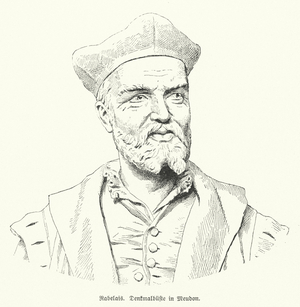 Bust of French author Francois Rabelais in Meudon, France (litho)