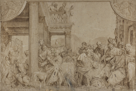 Christ in the House of Simon, late 17th-early 18th century (pen & brown ink with brush & brown wash, heightened with lead white (partly oxidized), over black chalk, on blue-gray laid paper, laid down on ivory laid paper)