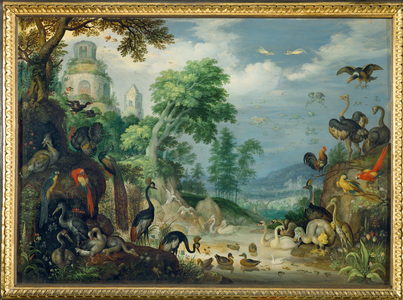 Landscape with birds (painting on copper)