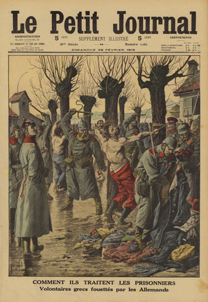 German mistreatment of prisoners of war: captured Greek volunteers in the French Army being flogged, World War I, 1915 (colour litho)