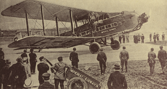 1927, Air Travel rivals Railway Travel, An Air Liner leaving Hendon for Paris (b/w photo)